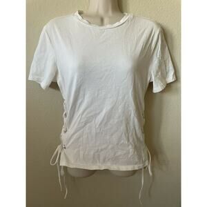 H&M White Ivory Crew Neck Side Lace Up Silver Ring Short Sleeve Top Size XS